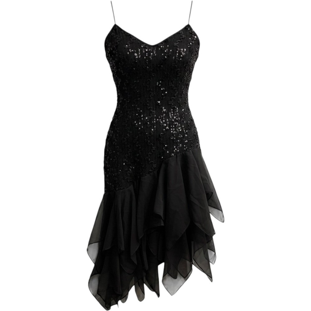 Vintage Ala Carte Y2K Dress 12 Black Sequin Asymmetric Layer Mesh Whimsy Hoco